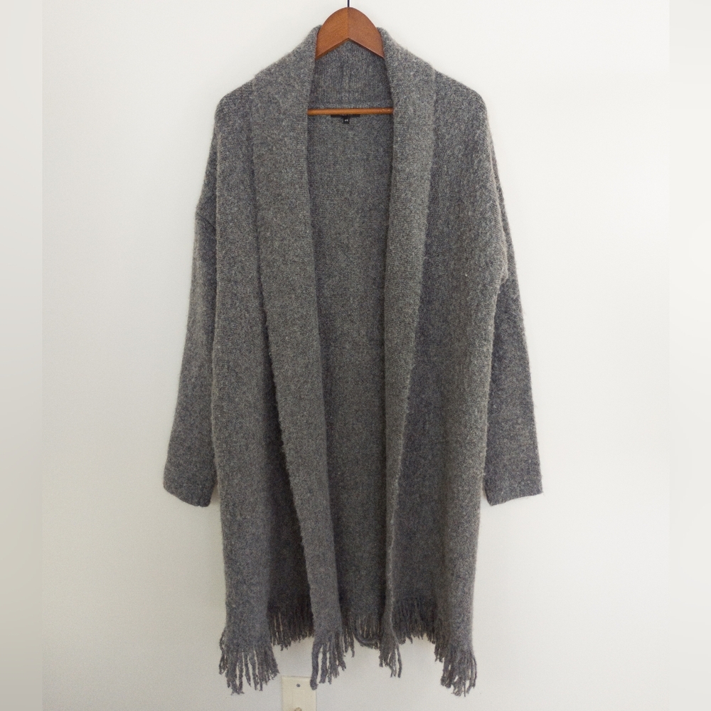 RW&CO. Grey Fringe Open Front Duster Cardigan Sweater Size Medium